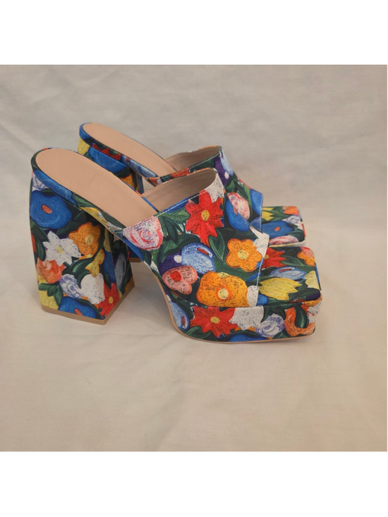 None Shoes - Women's Chunky Platform Bohemian 5 Inch Heel Square Open Toe size 41/10.5